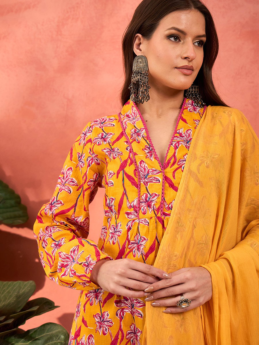 Yellow Floral Cambric V Neck Kurta, Pencil Pants and Dupatta Set