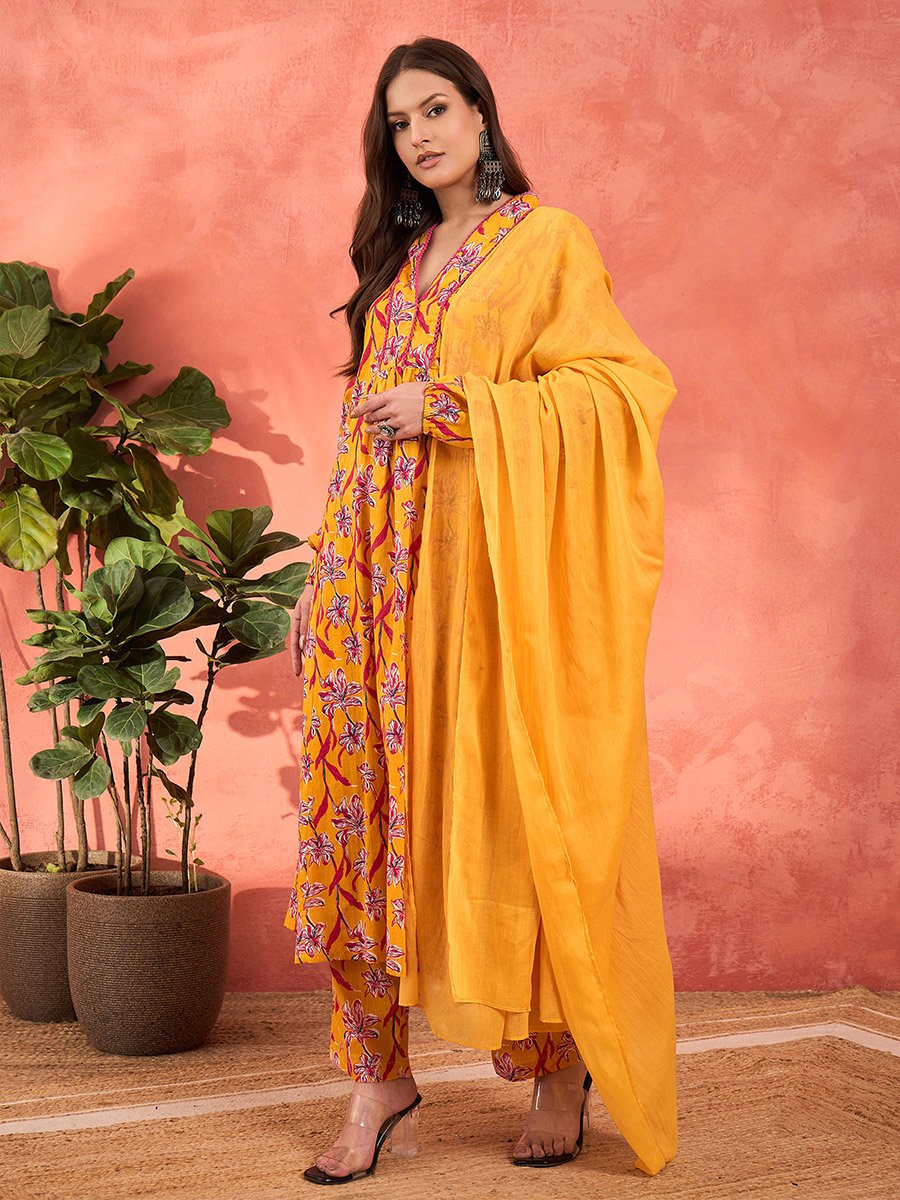 Yellow Floral Cambric V Neck Kurta, Pencil Pants and Dupatta Set