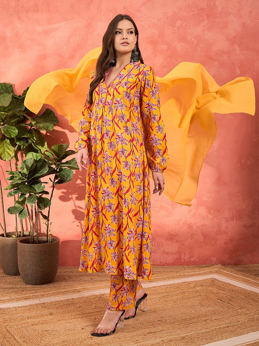 Yellow Floral Cambric V Neck Kurta, Pencil Pants and Dupatta Set