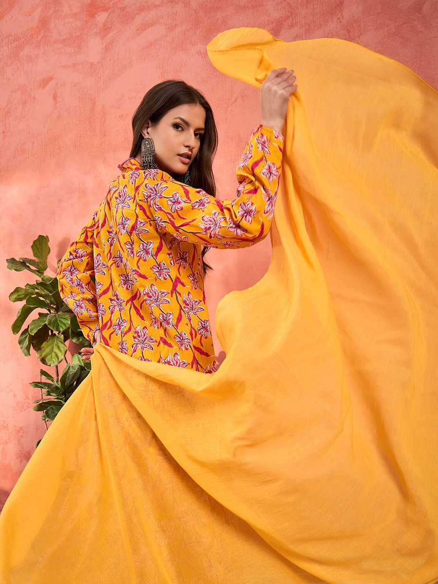 Yellow Floral Cambric V Neck Kurta, Pencil Pants and Dupatta Set