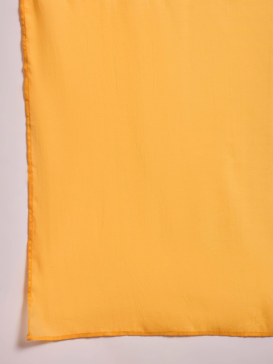 Yellow Floral Cambric V Neck Kurta, Pencil Pants and Dupatta Set