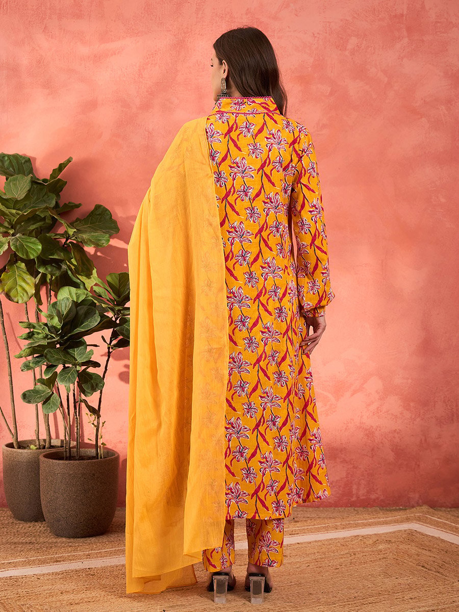 Yellow Floral Cambric V Neck Kurta, Pencil Pants and Dupatta Set