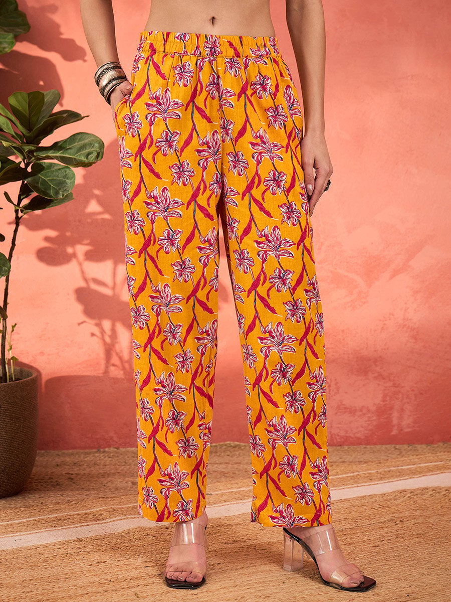 Yellow Floral Cambric V Neck Kurta, Pencil Pants and Dupatta Set