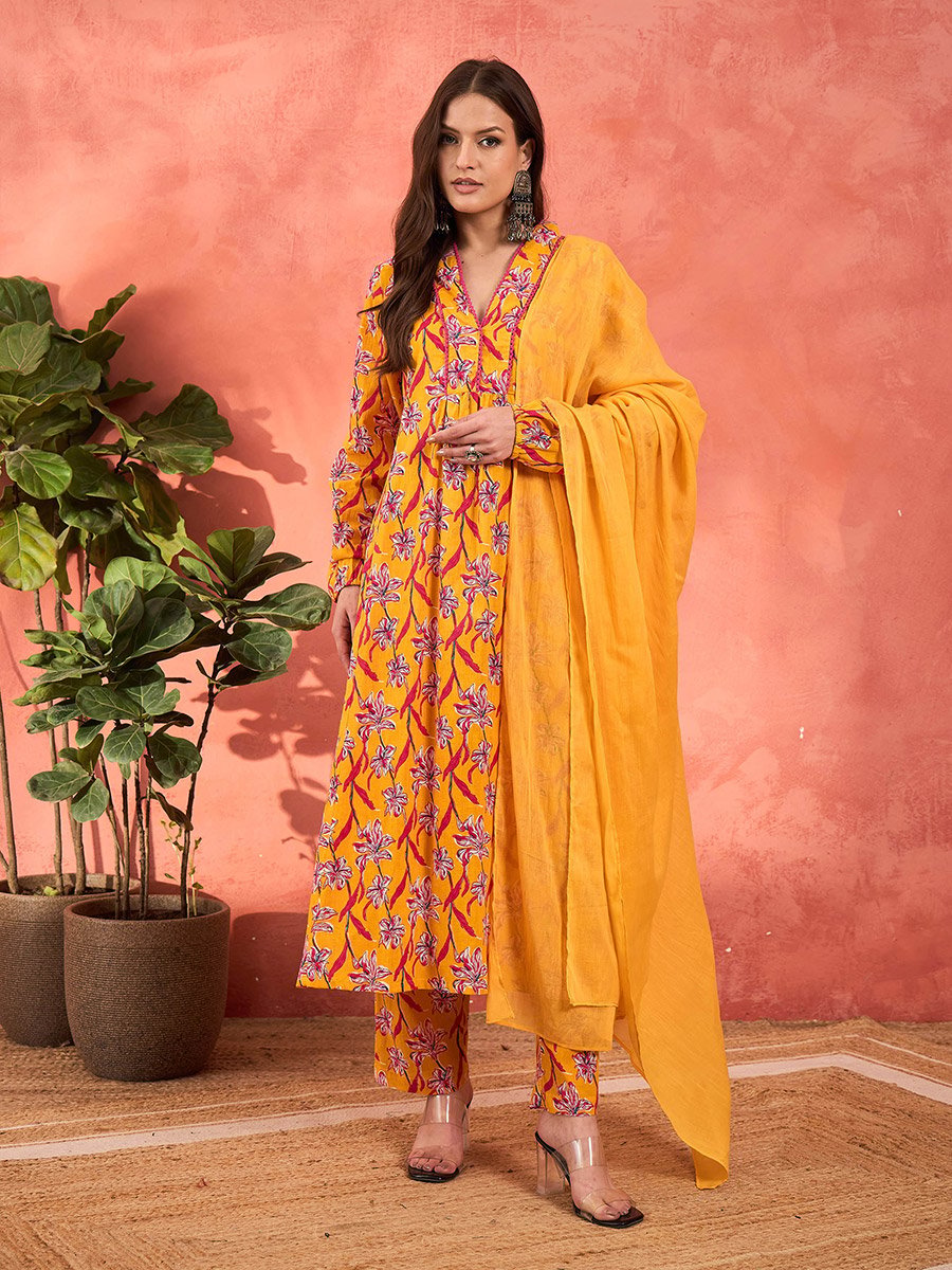 Yellow Floral Cambric V Neck Kurta, Pencil Pants and Dupatta Set