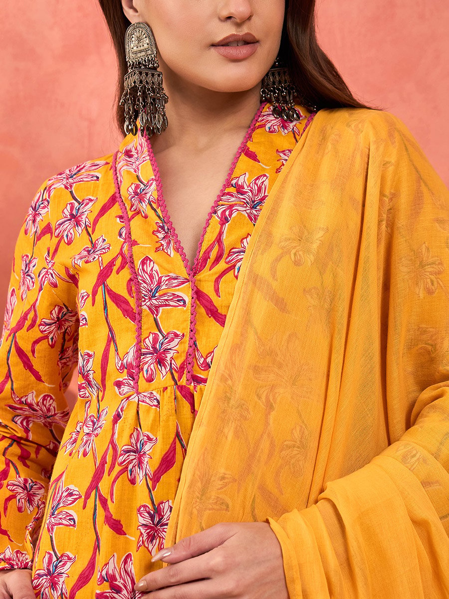 Yellow Floral Cambric V Neck Kurta, Pencil Pants and Dupatta Set