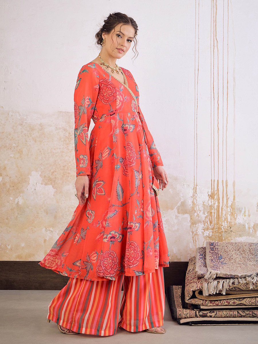 Red Floral Wrap Anarkali Kurta with Stripes Palazzo Set