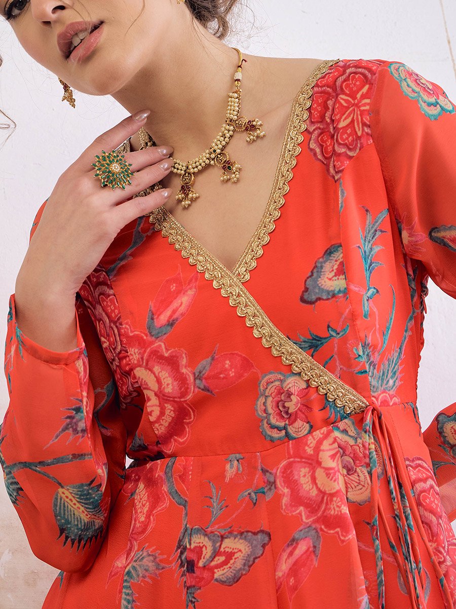 Red Floral Wrap Anarkali Kurta with Stripes Palazzo Set