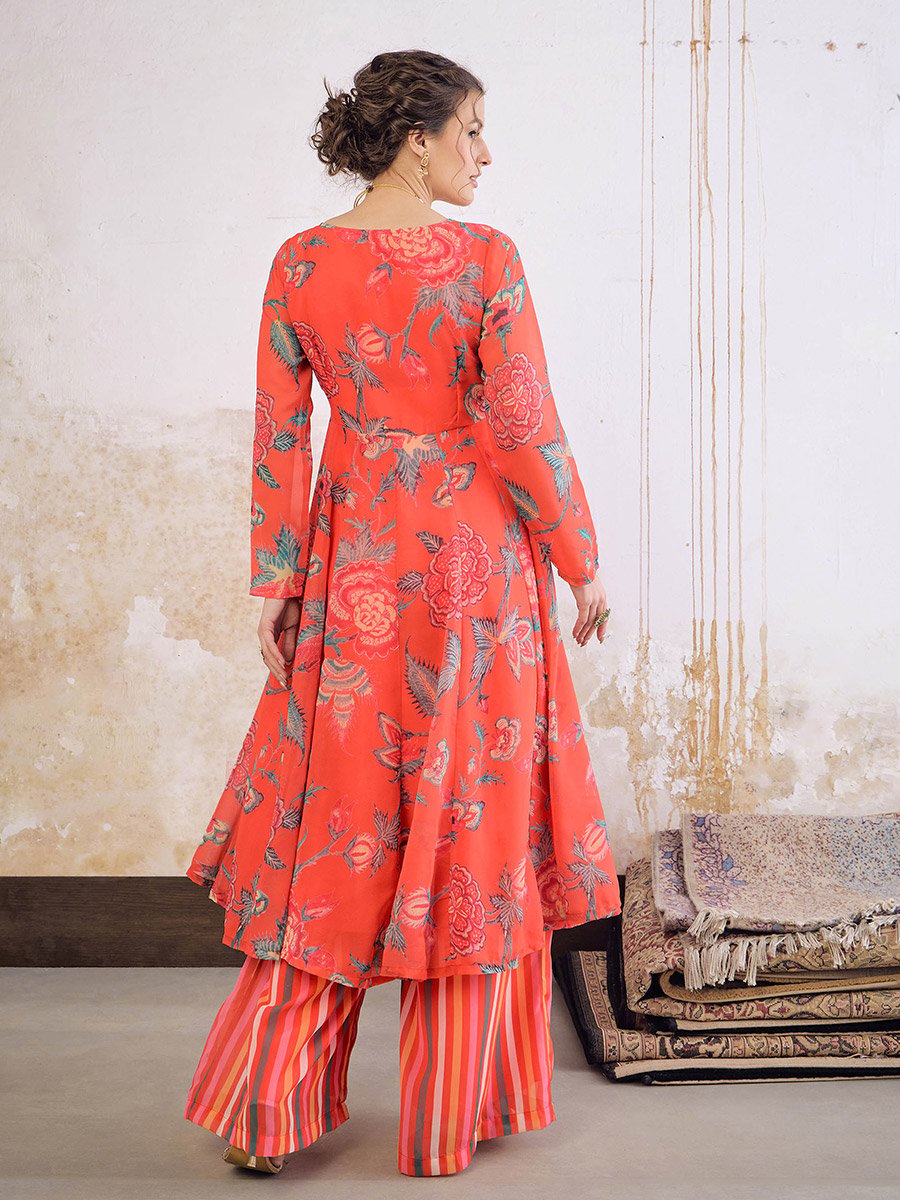 Red Floral Wrap Anarkali Kurta with Stripes Palazzo Set