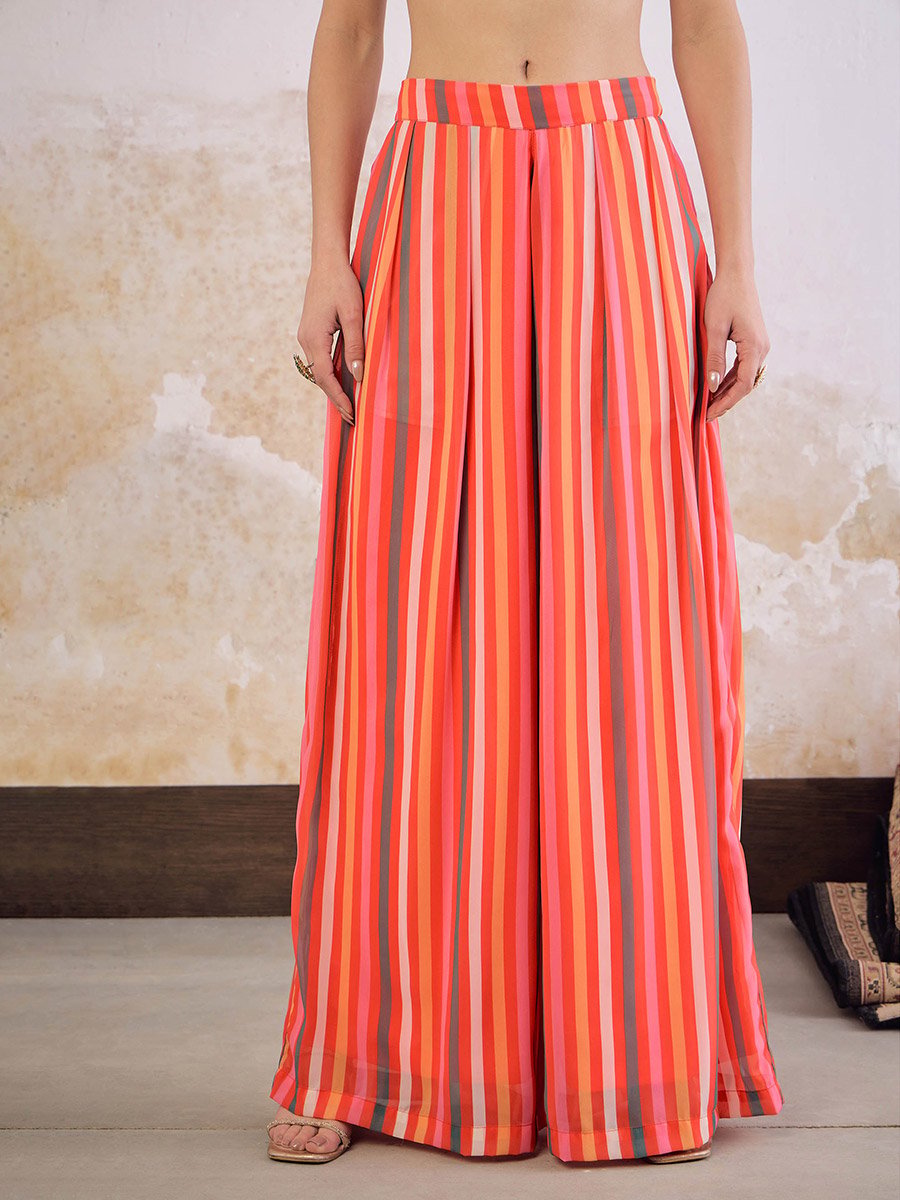 Red Floral Wrap Anarkali Kurta with Stripes Palazzo Set