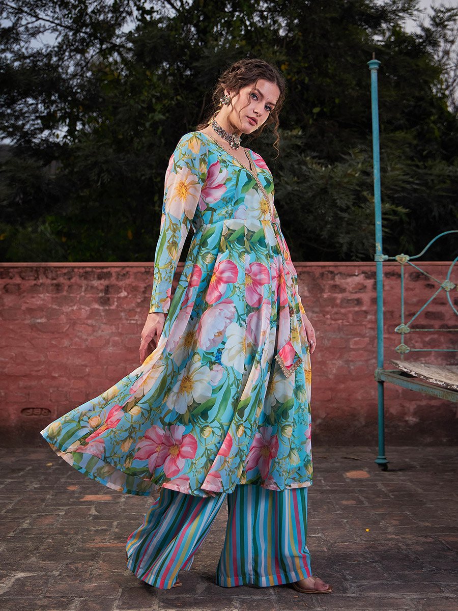 Aqua Blue Floral Wrap Anarkali Kurta with Stripes Palazzo Set