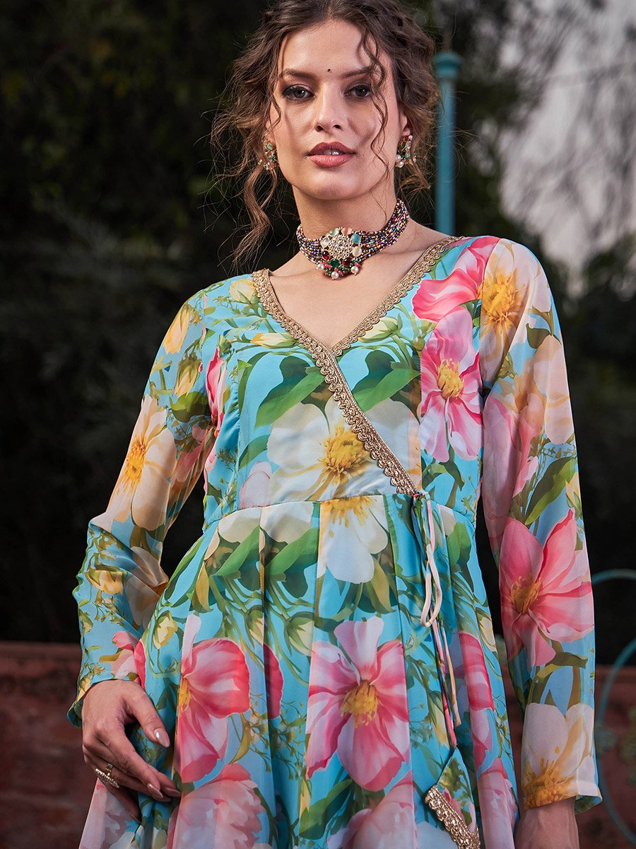 Aqua Blue Floral Wrap Anarkali Kurta with Stripes Palazzo Set