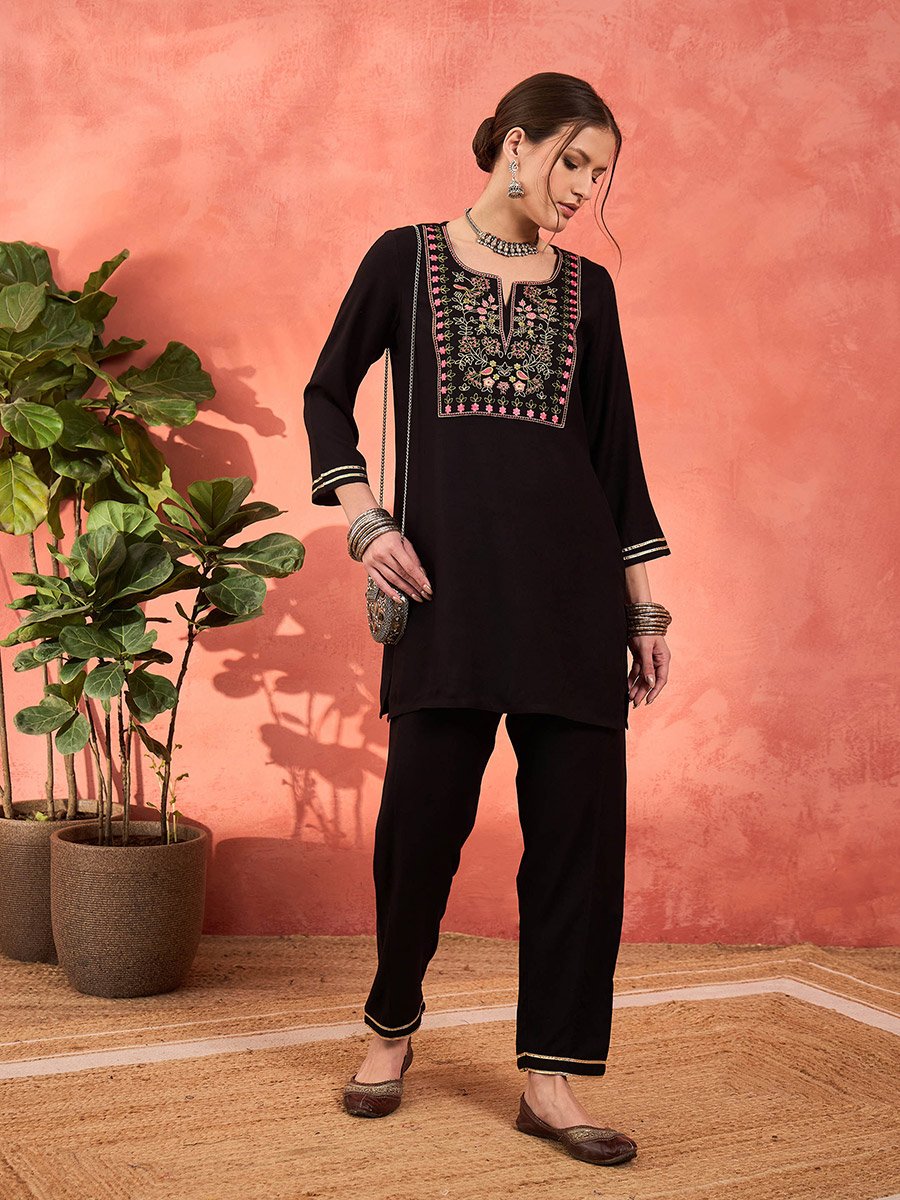 Black Rayon Embroidered Short Kurta with Salwar Set