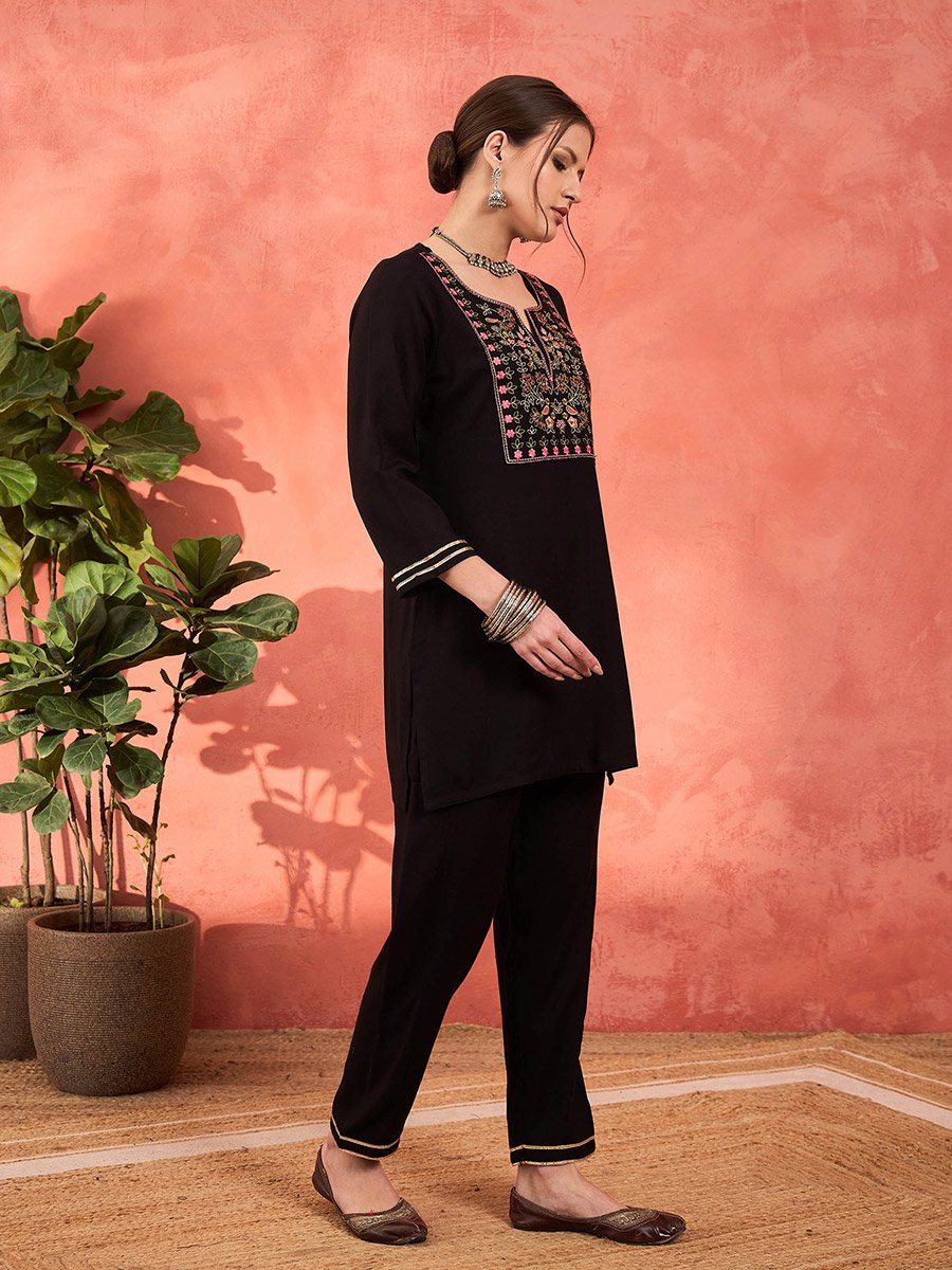 Black Rayon Embroidered Short Kurta with Salwar Set