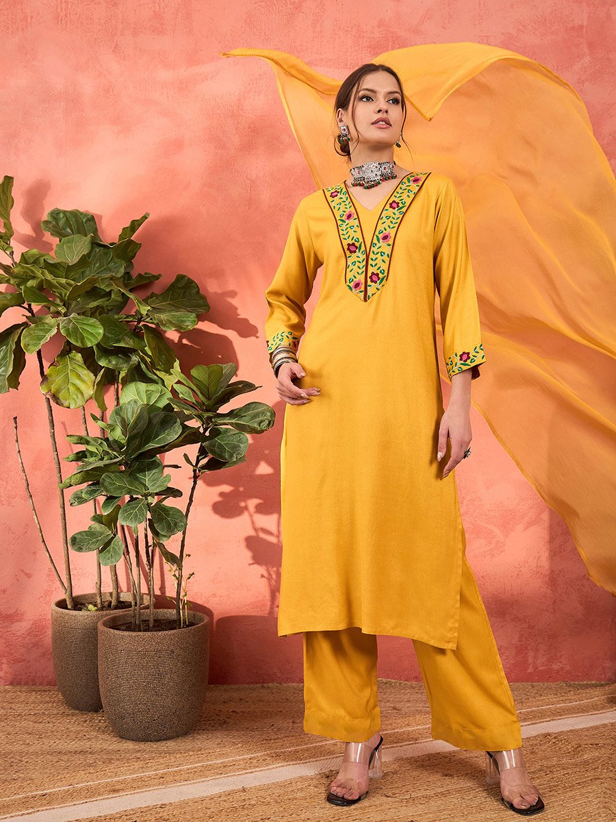Mustard Rayon Embroidered Kurta with Pencil Pants and Dupatta Set