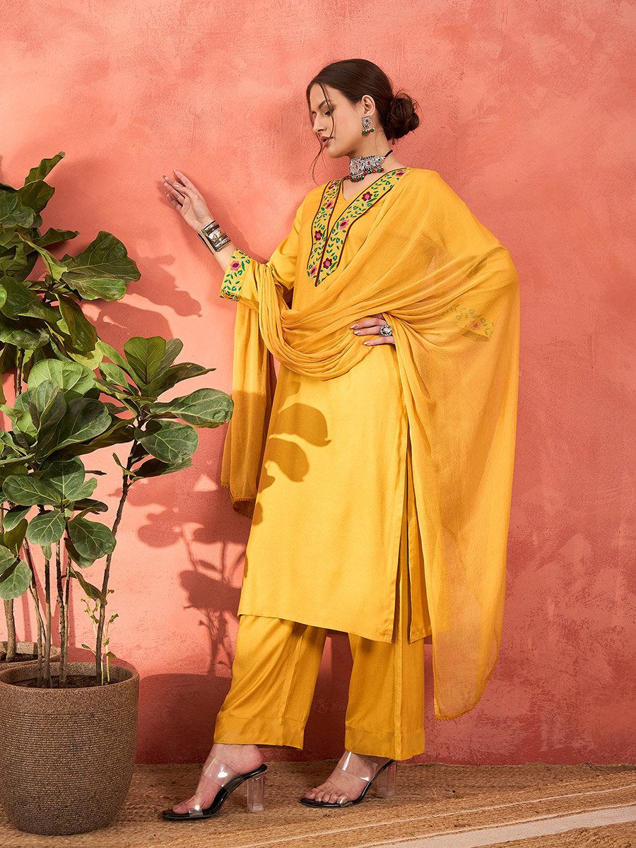 Mustard Rayon Embroidered Kurta with Pencil Pants and Dupatta Set