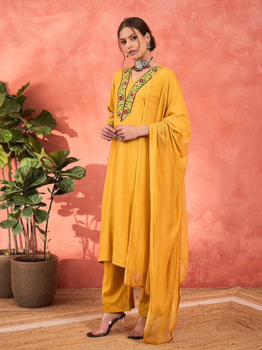 Mustard Rayon Embroidered Kurta with Pencil Pants and Dupatta Set