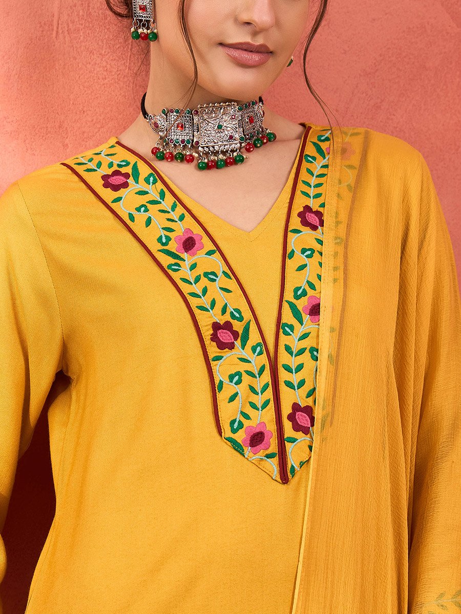 Mustard Rayon Embroidered Kurta with Pencil Pants and Dupatta Set