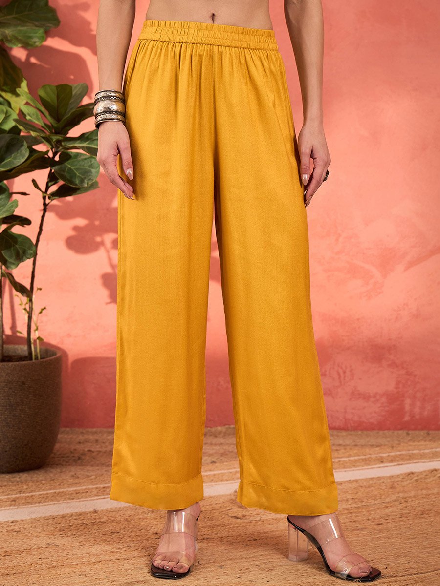 Mustard Rayon Embroidered Kurta with Pencil Pants and Dupatta Set
