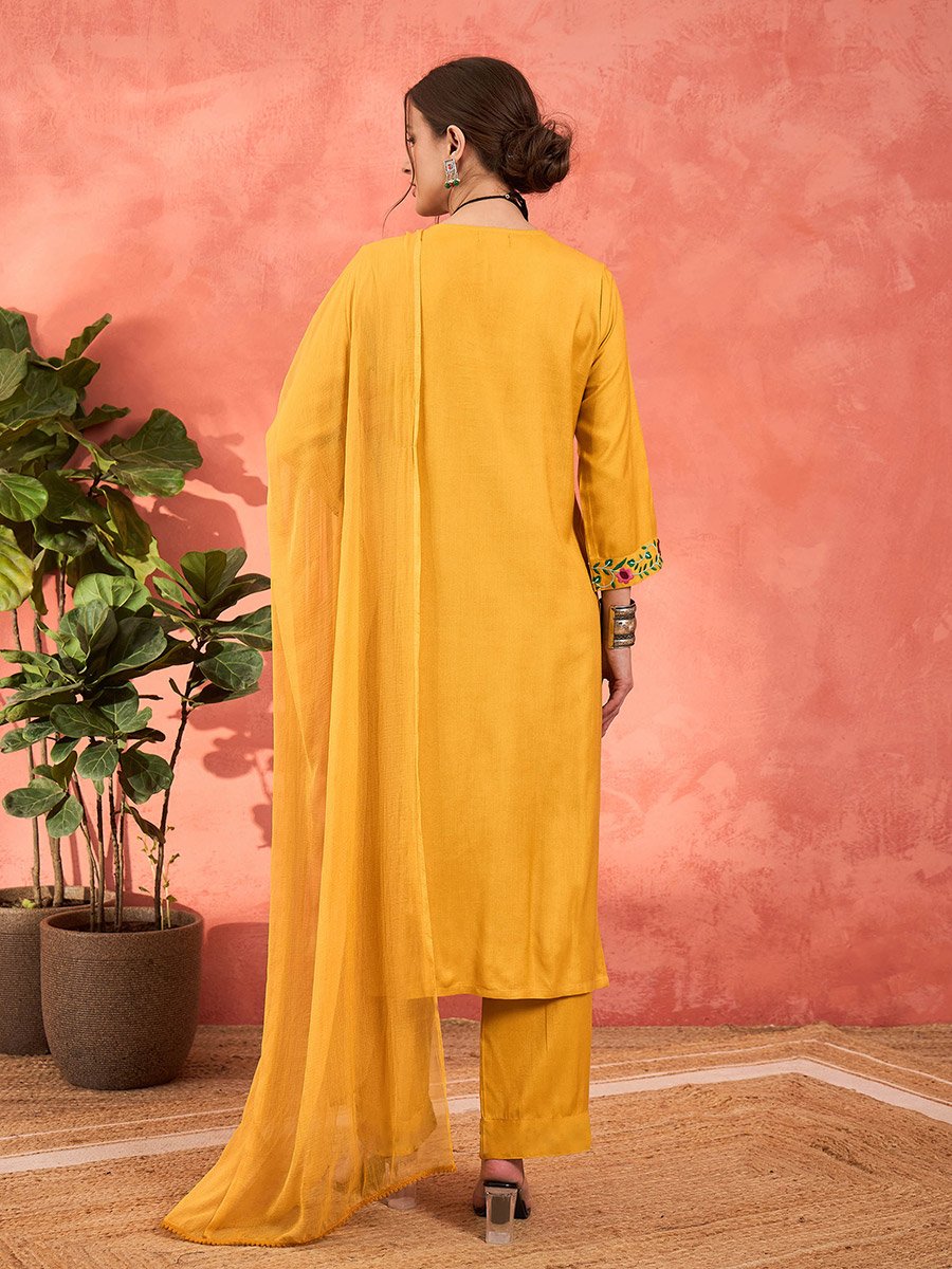 Mustard Rayon Embroidered Kurta with Pencil Pants and Dupatta Set