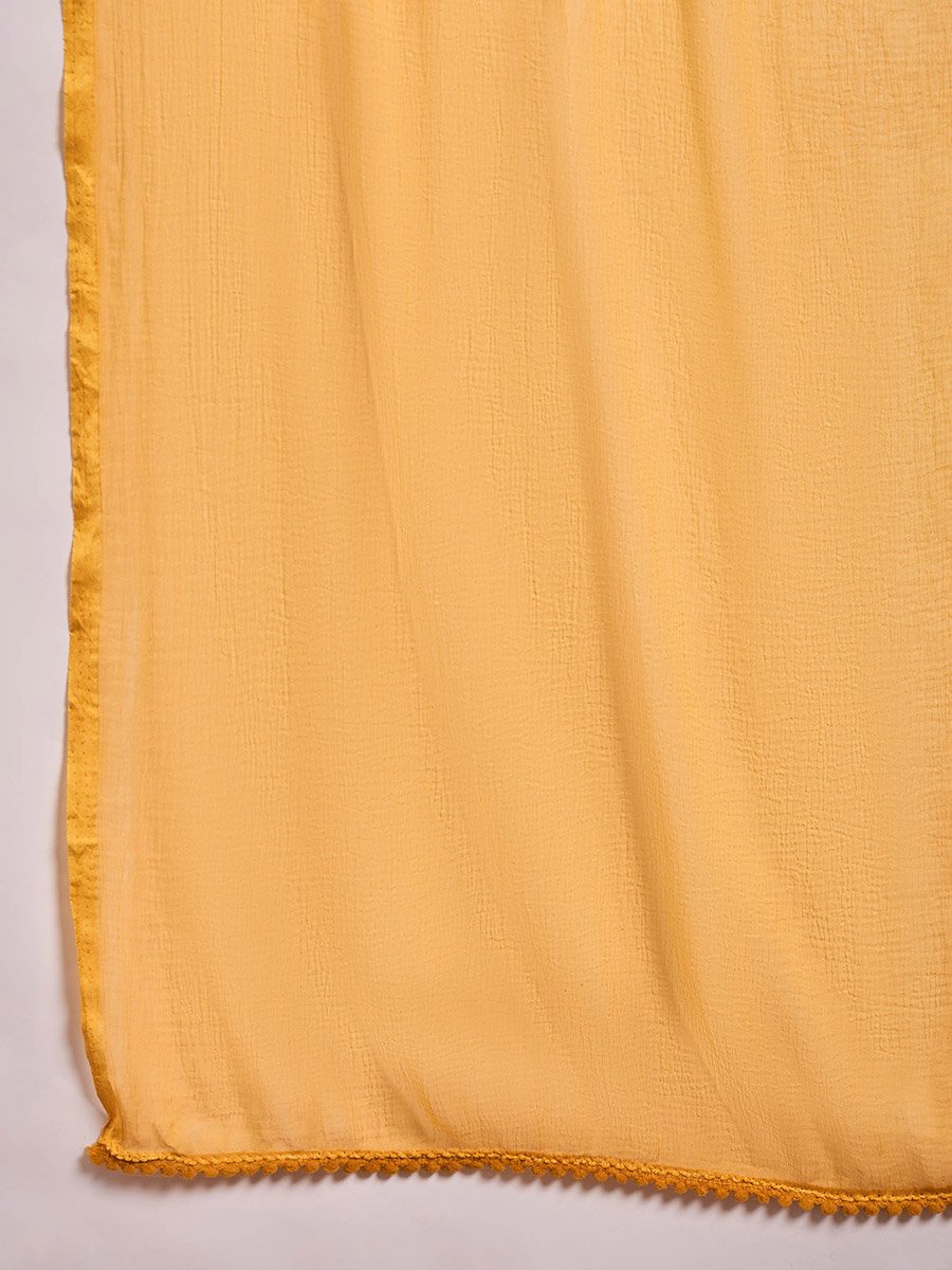 Mustard Rayon Embroidered Kurta with Pencil Pants and Dupatta Set