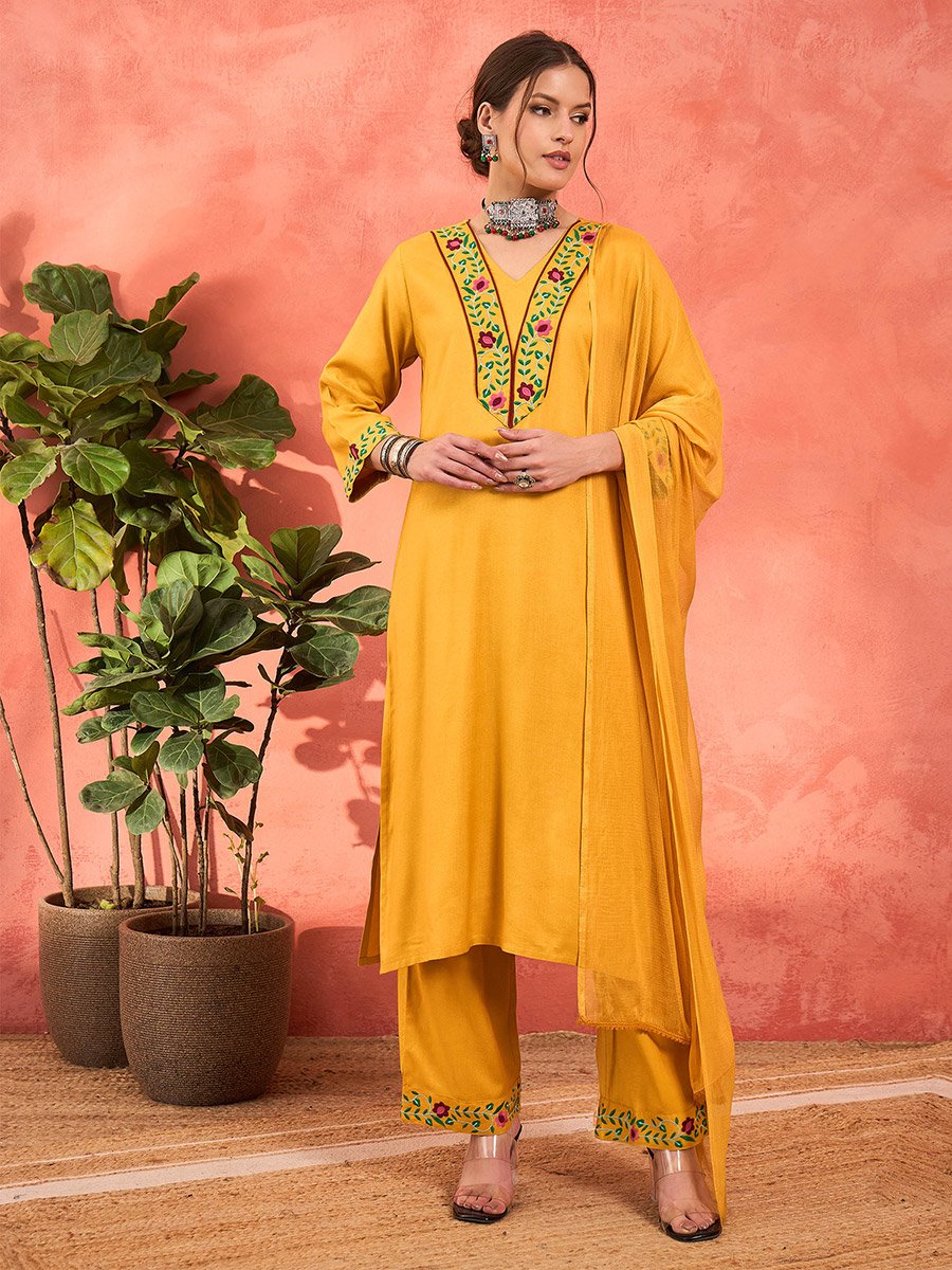 Mustard Rayon Embroidered Kurta with Pencil Pants and Dupatta Set