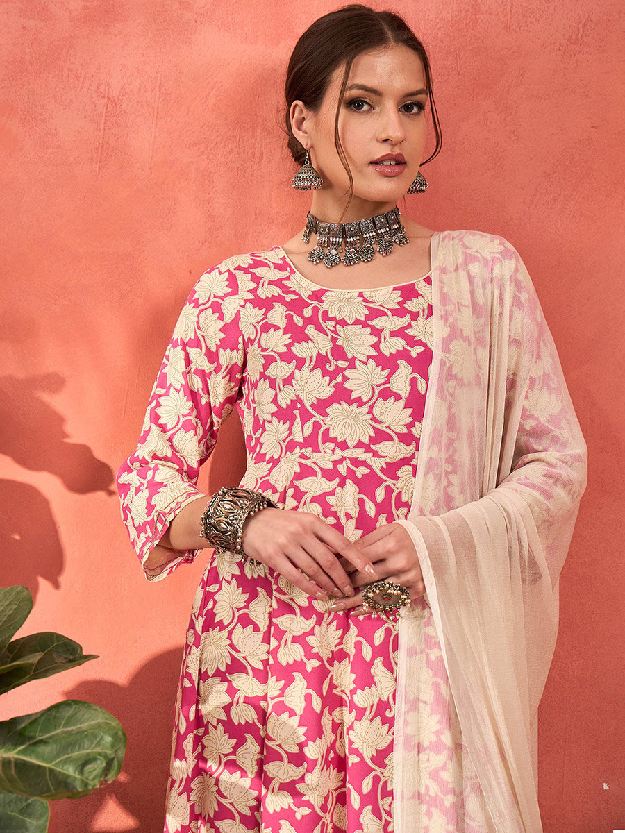 Pink Floral Rayon Anarkali Kurta with Straight Pants and Dupatta Set