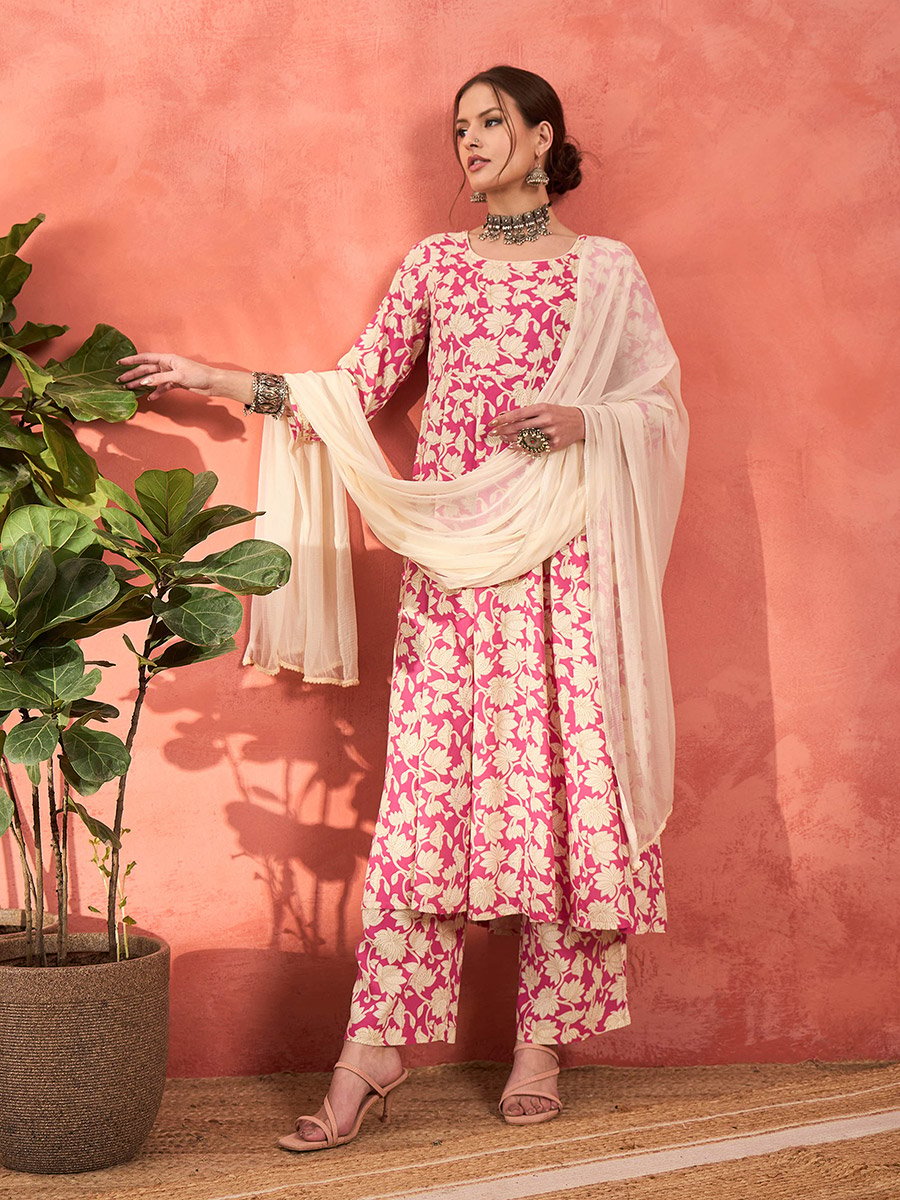 Pink Floral Rayon Anarkali Kurta with Straight Pants and Dupatta Set