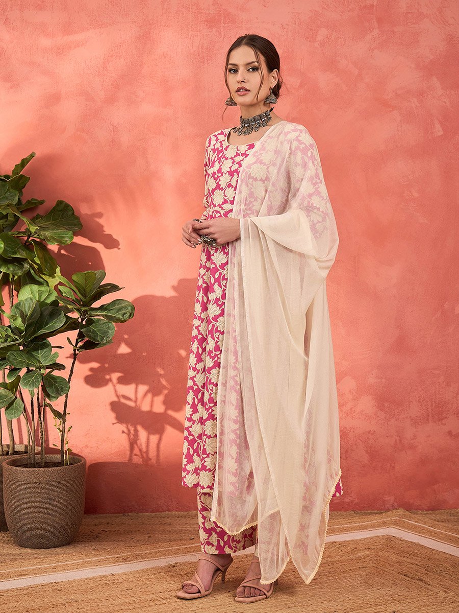 Pink Floral Rayon Anarkali Kurta with Straight Pants and Dupatta Set