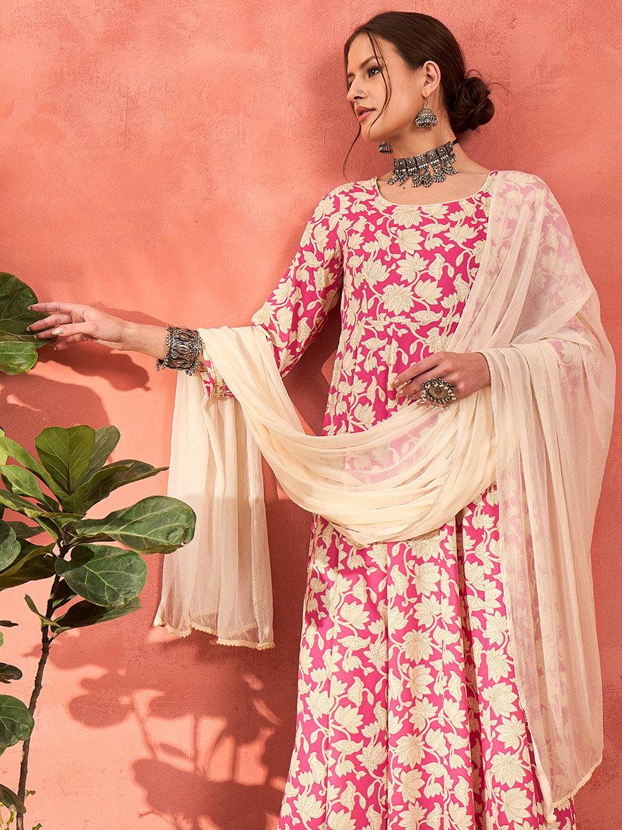 Pink Floral Rayon Anarkali Kurta with Straight Pants and Dupatta Set