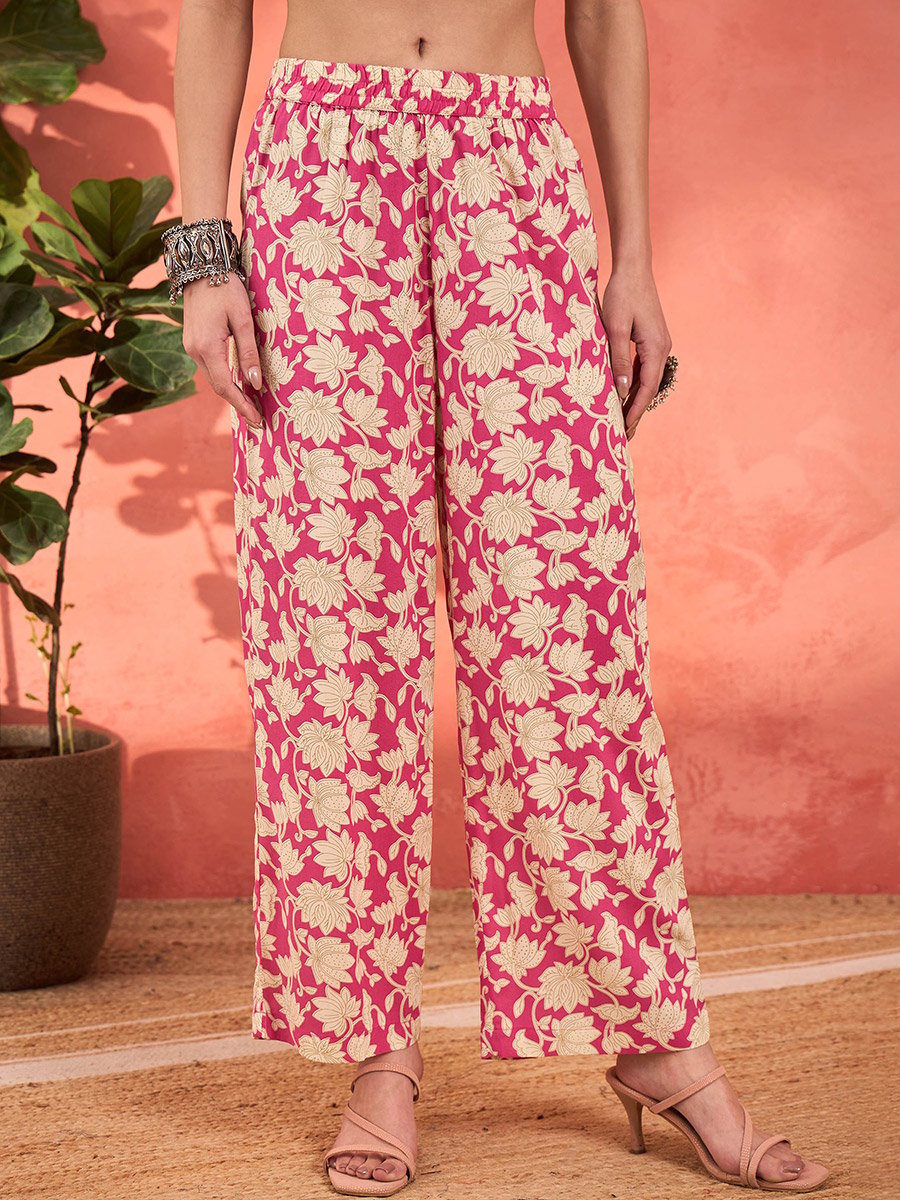 Pink Floral Rayon Anarkali Kurta with Straight Pants and Dupatta Set