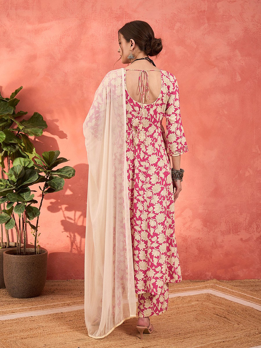Pink Floral Rayon Anarkali Kurta with Straight Pants and Dupatta Set