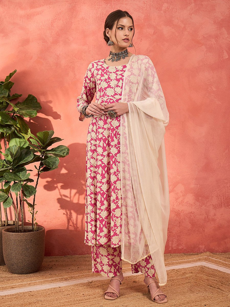 Pink Floral Rayon Anarkali Kurta with Straight Pants and Dupatta Set