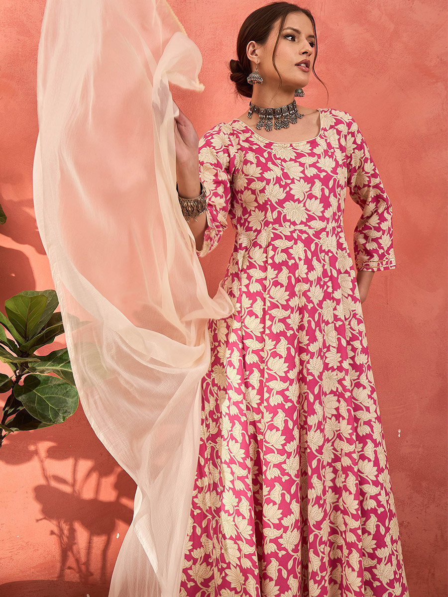 Pink Floral Rayon Anarkali Kurta with Straight Pants and Dupatta Set