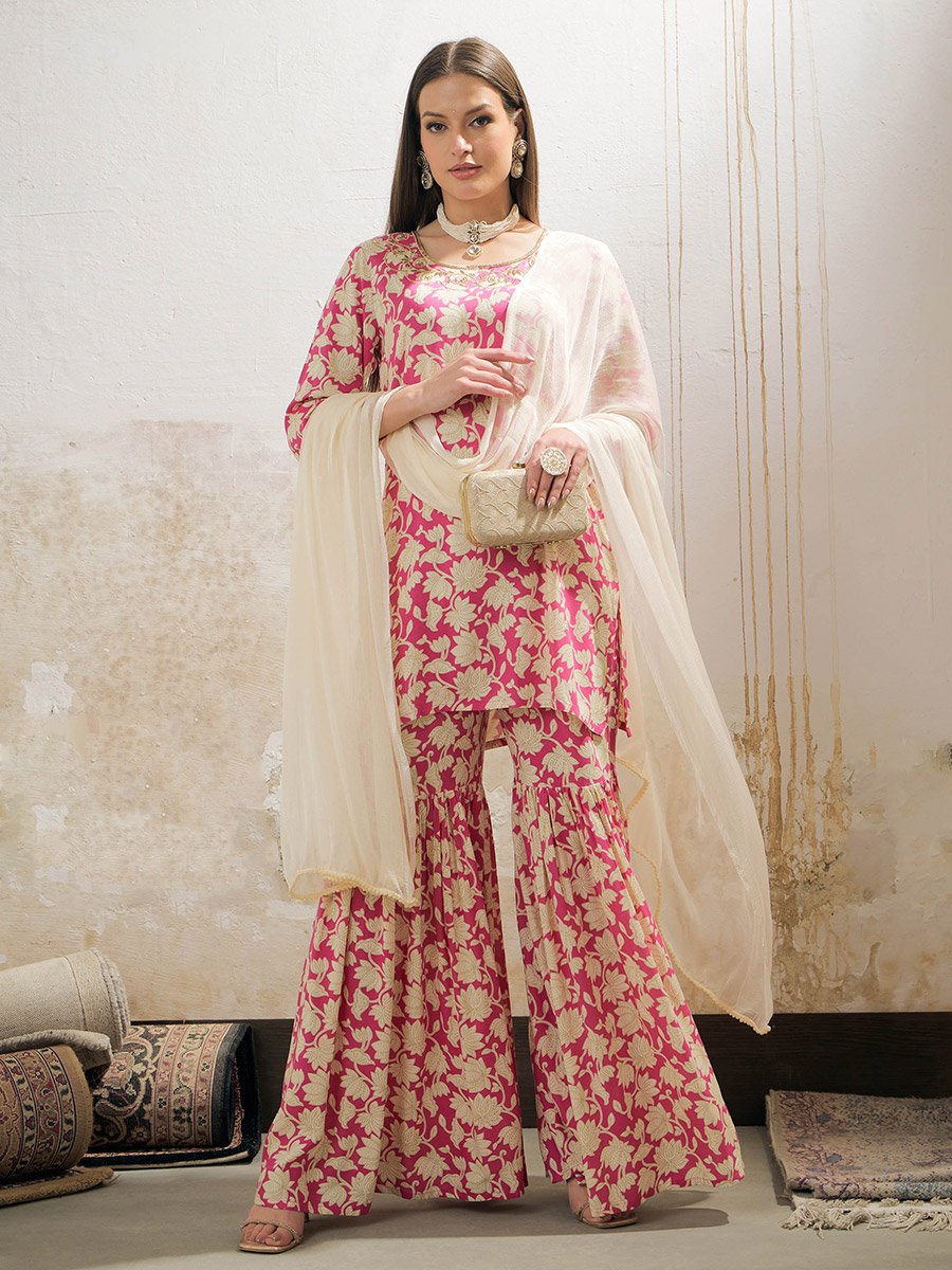 Pink Floral Embroidered Kurta with Sharara Pants and Dupatta Set