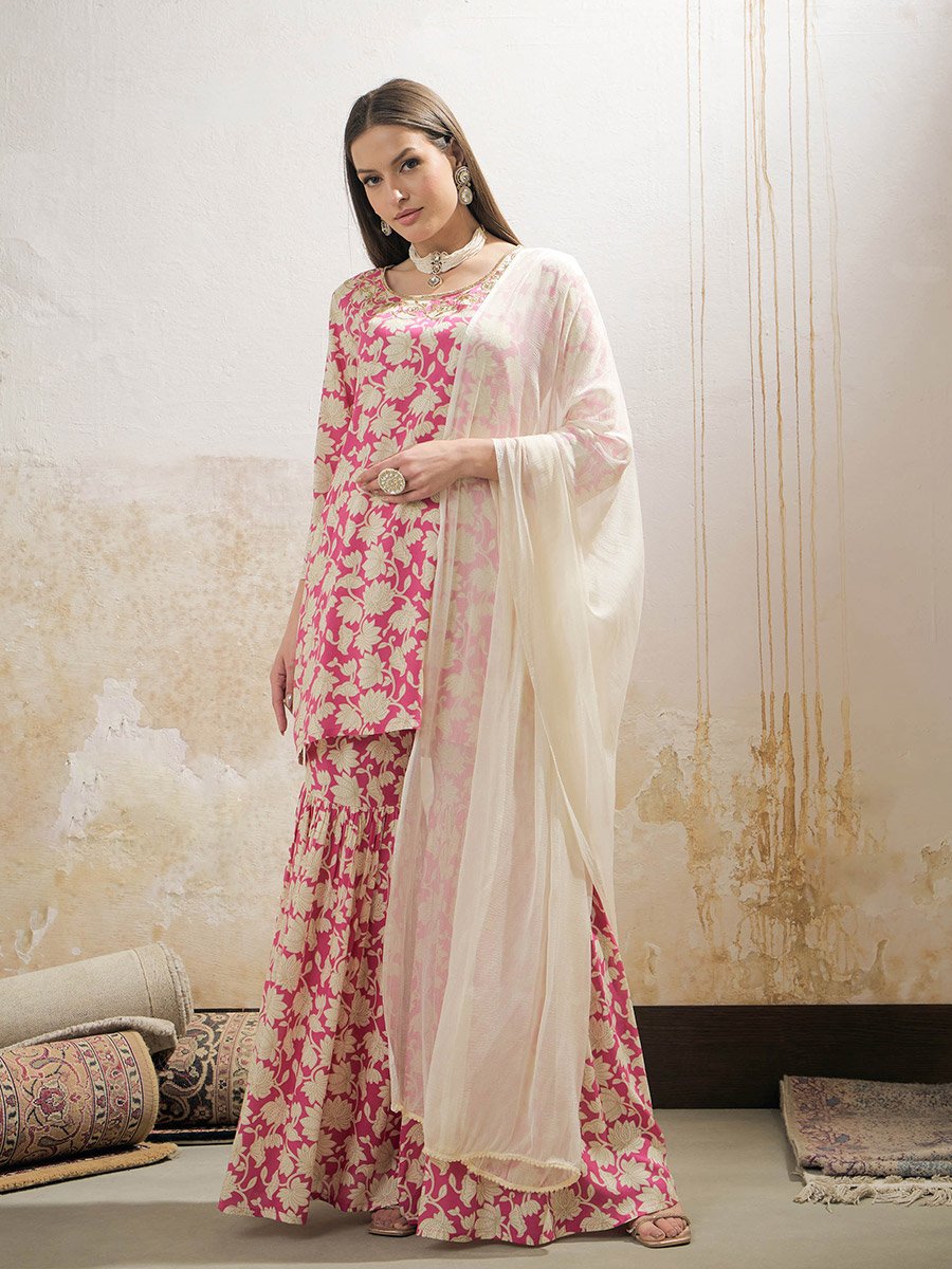 Pink Floral Embroidered Kurta with Sharara Pants and Dupatta Set