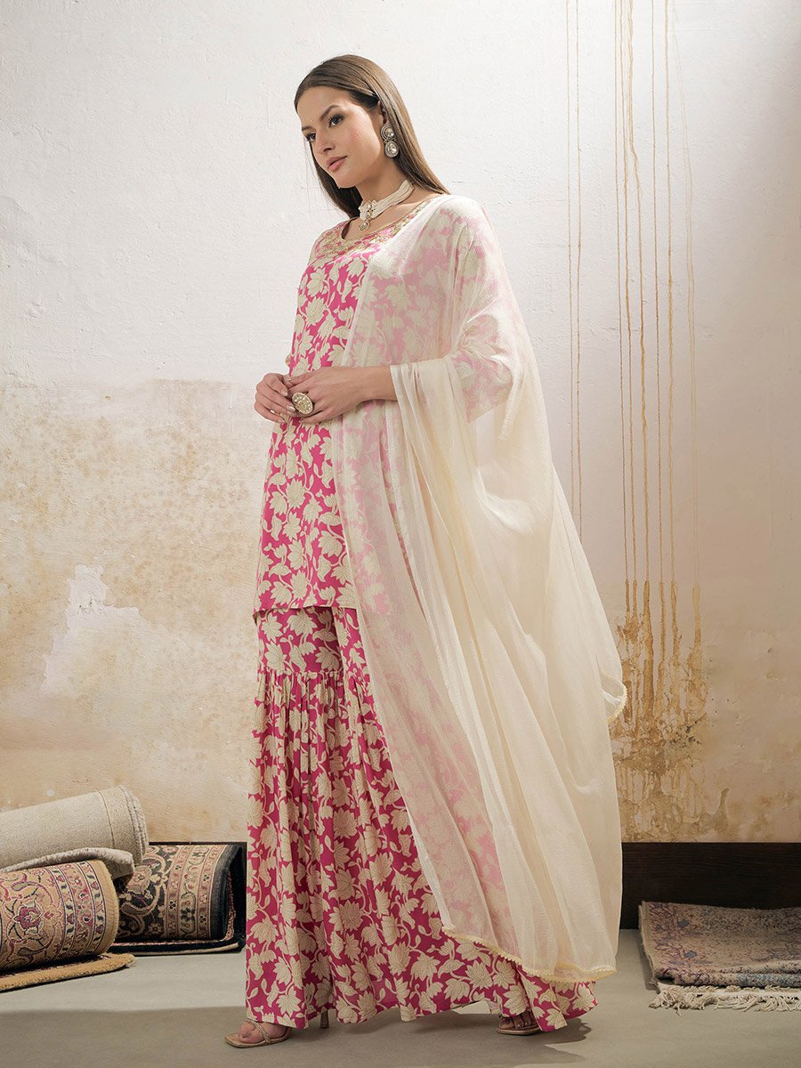 Pink Floral Embroidered Kurta with Sharara Pants and Dupatta Set