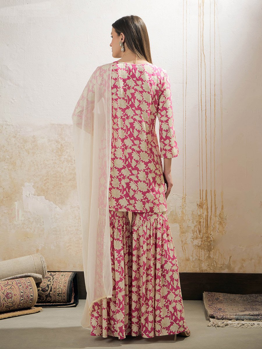 Pink Floral Embroidered Kurta with Sharara Pants and Dupatta Set