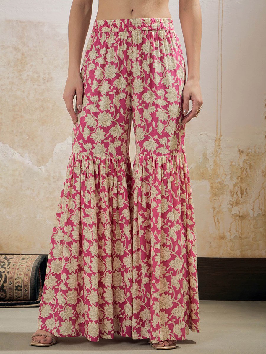 Pink Floral Embroidered Kurta with Sharara Pants and Dupatta Set