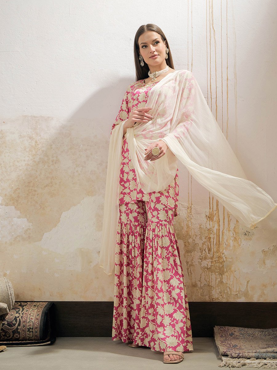 Pink Floral Embroidered Kurta with Sharara Pants and Dupatta Set
