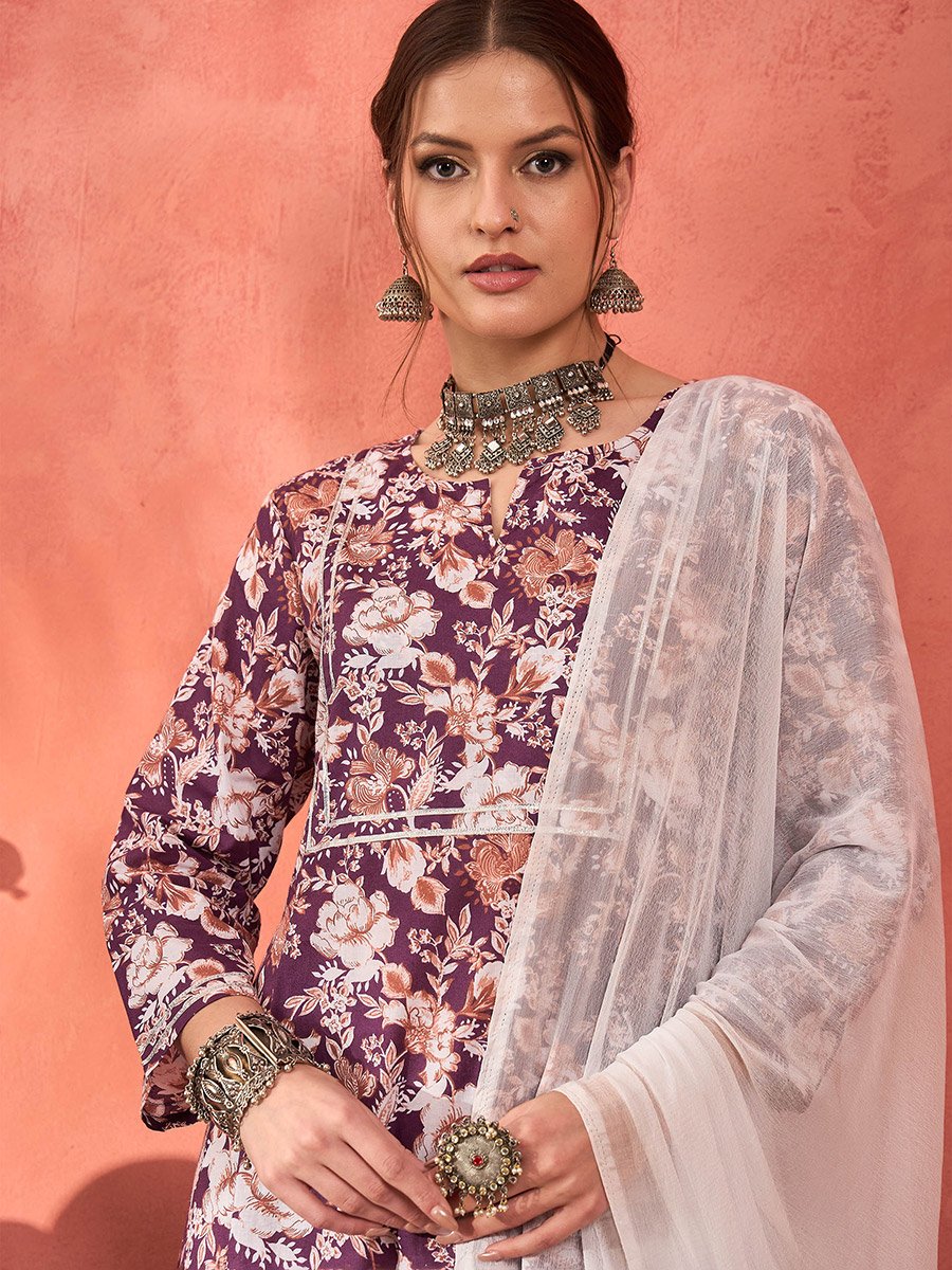 Purple Floral Cambric Kurta with Pencil Pants and Dupatta Set