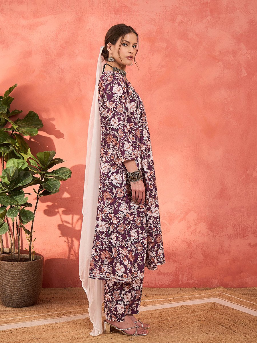 Purple Floral Cambric Kurta with Pencil Pants and Dupatta Set