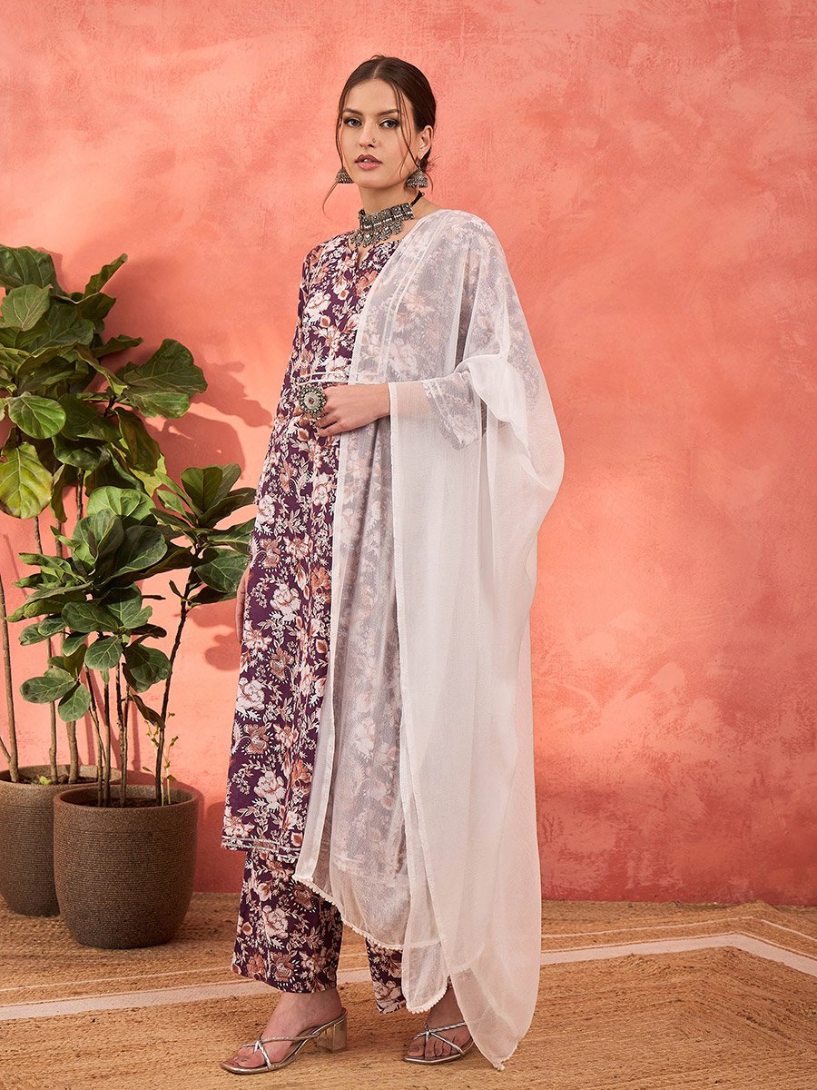 Purple Floral Cambric Kurta with Pencil Pants and Dupatta Set
