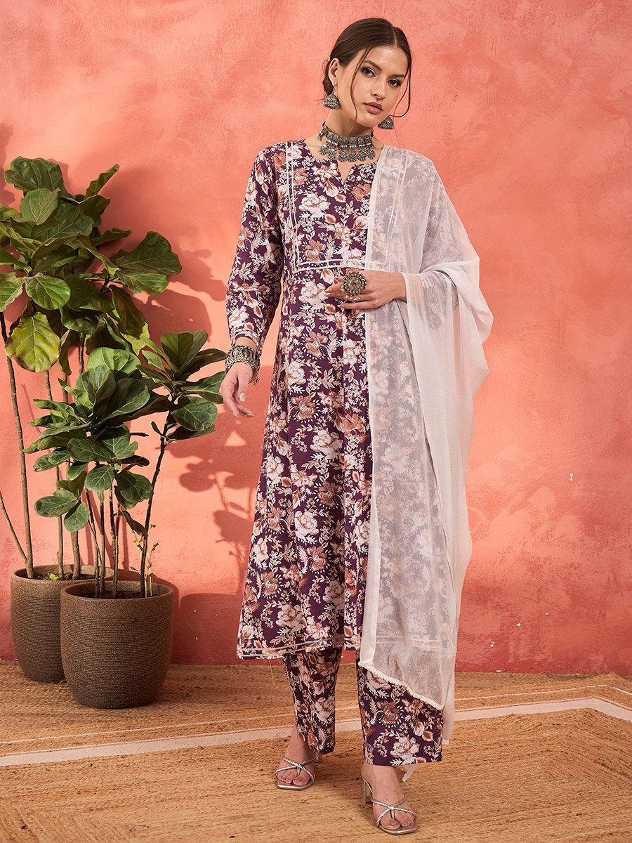 Purple Floral Cambric Kurta with Pencil Pants and Dupatta Set