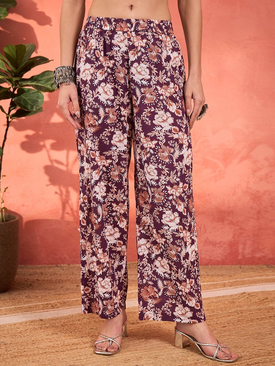 Purple Floral Cambric Kurta with Pencil Pants and Dupatta Set