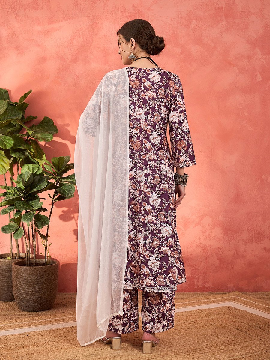 Purple Floral Cambric Kurta with Pencil Pants and Dupatta Set