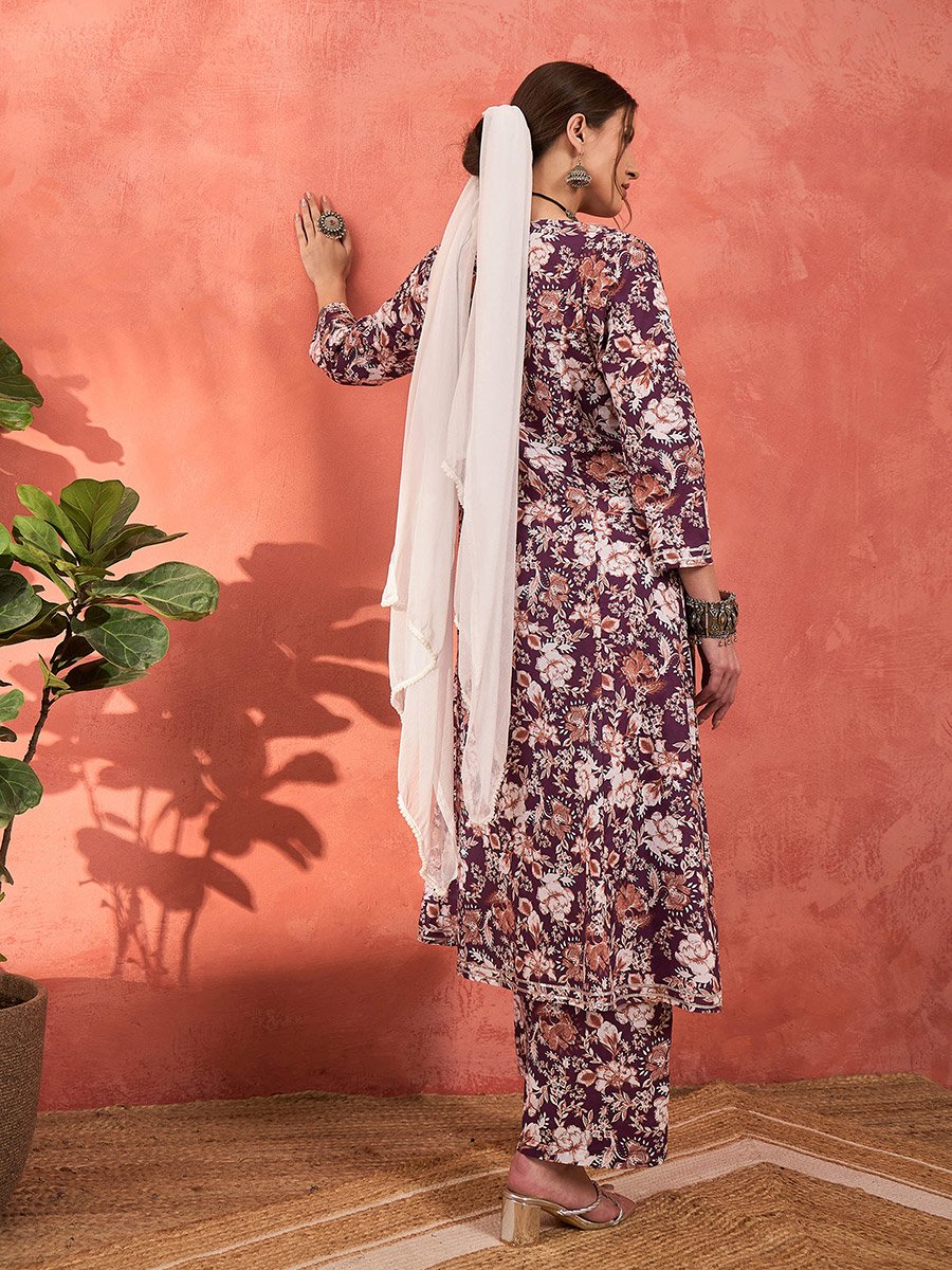 Purple Floral Cambric Kurta with Pencil Pants and Dupatta Set