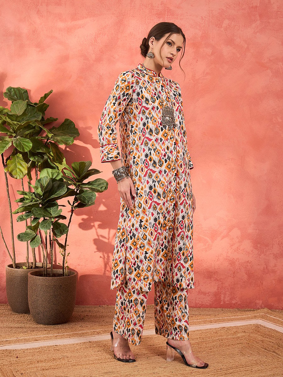 White Printed Front Button Kurta with Pencil Pants Set