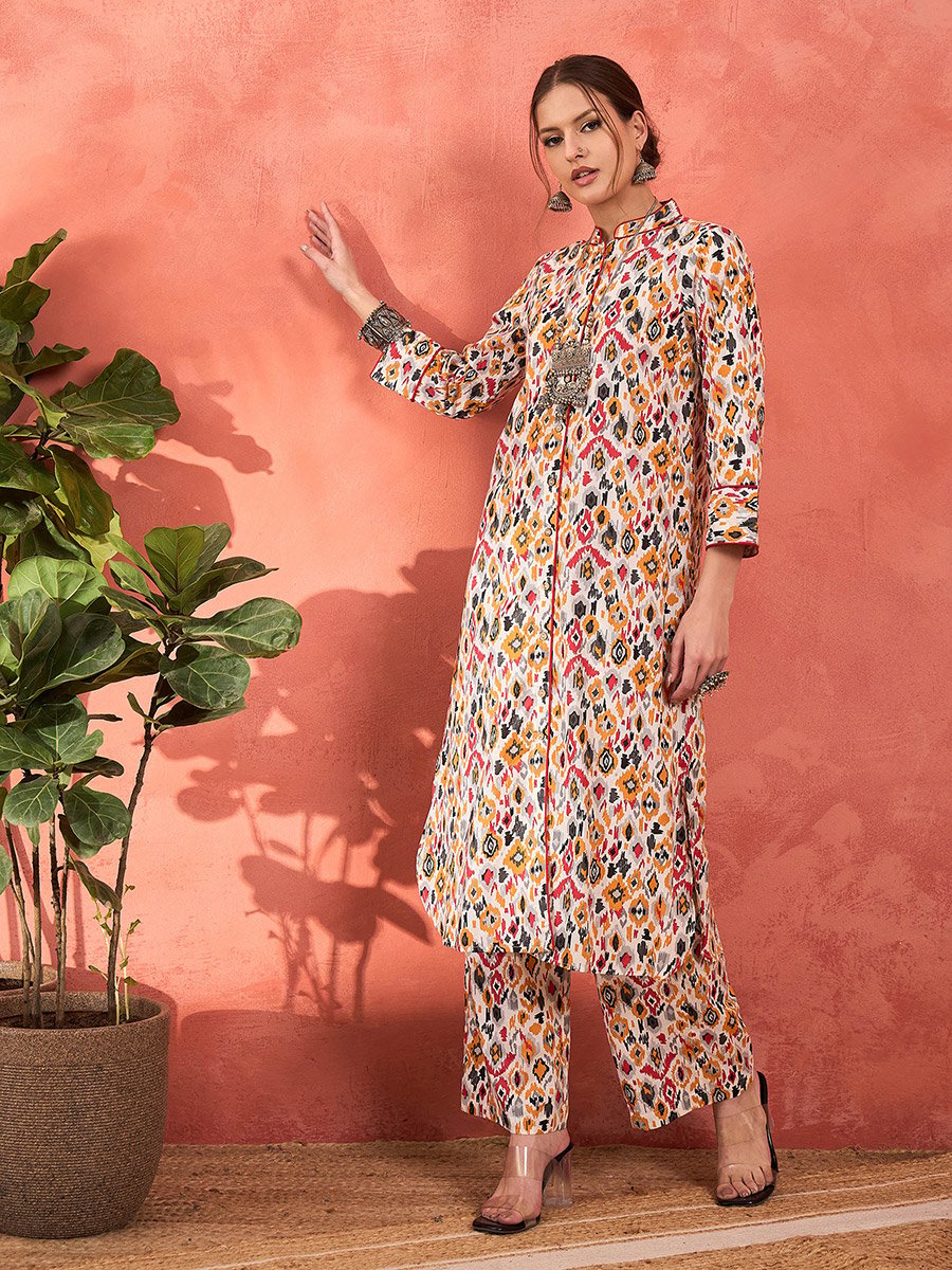 White Printed Front Button Kurta with Pencil Pants Set