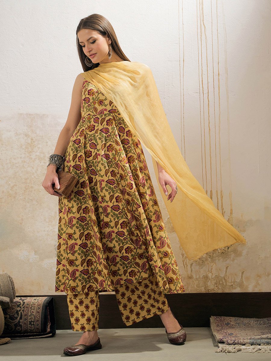 Yellow Floral Sleeveless Kurta with Pencil Pants and Dupatta Set