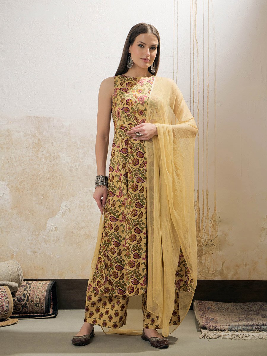 Yellow Floral Sleeveless Kurta with Pencil Pants and Dupatta Set